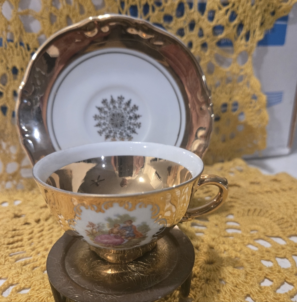 Vintage Bavaria Germany  Mini Tea Cup and Saucer with 24k Gold Accents. + Stand